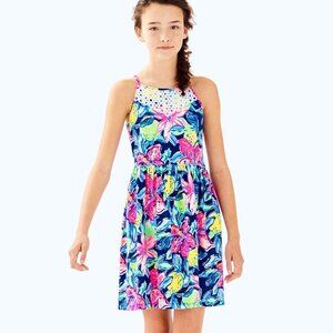 Lilly Pulitzer Girls L (8-10) Kinley Dress Floral Sleeveless Navy Blue Pink